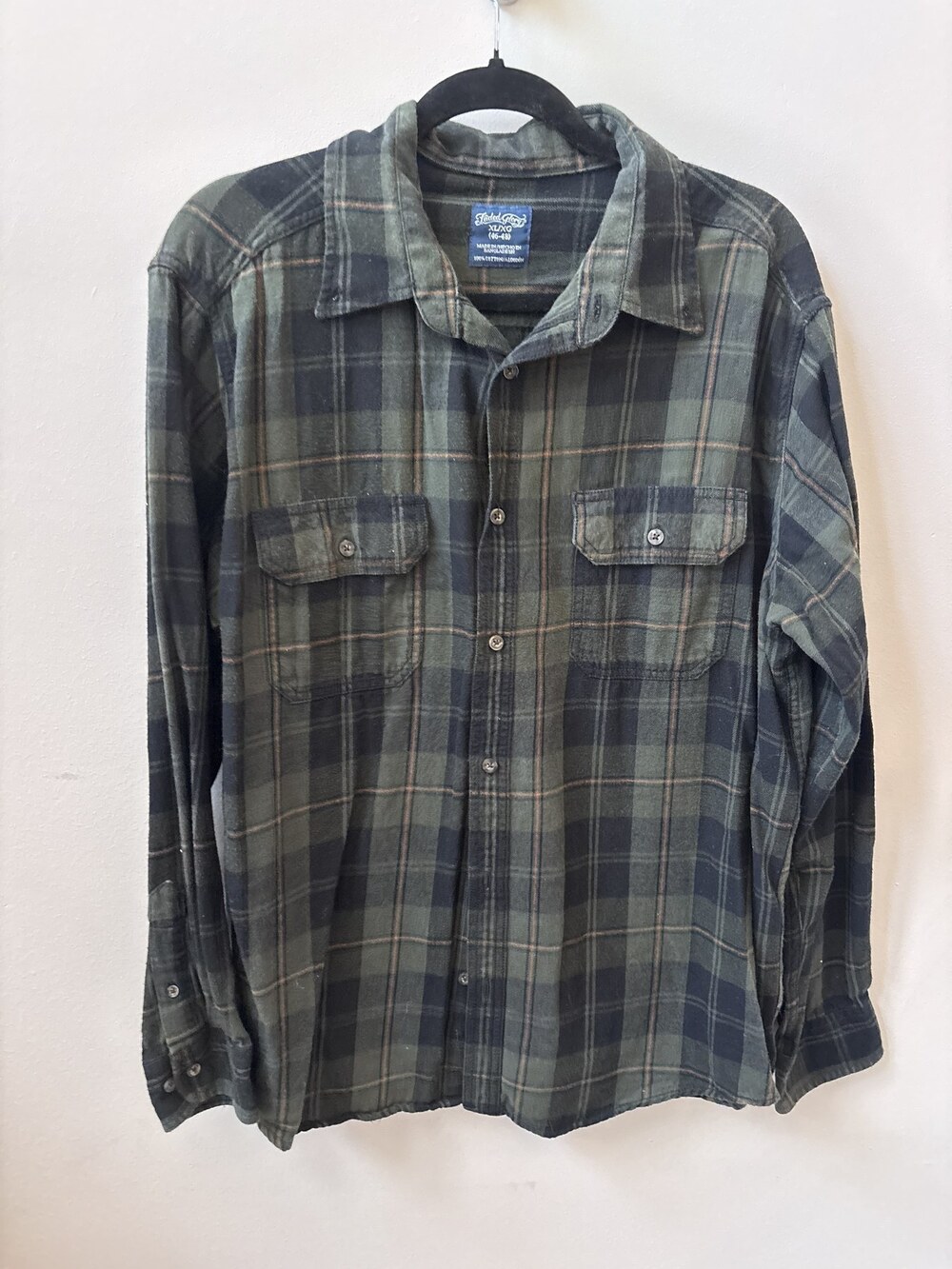 Faded Glory Olive Green Plaid Flannel Shirt Size XL 46-48